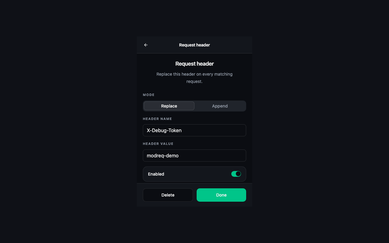 Header editor with Replace and Append modes